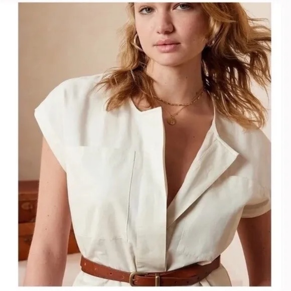 BANANA REPUBLIC M Dress Linen Blend Retro Tie Waist Alabaster Khaki Dolman NWT - Picture 6 of 8